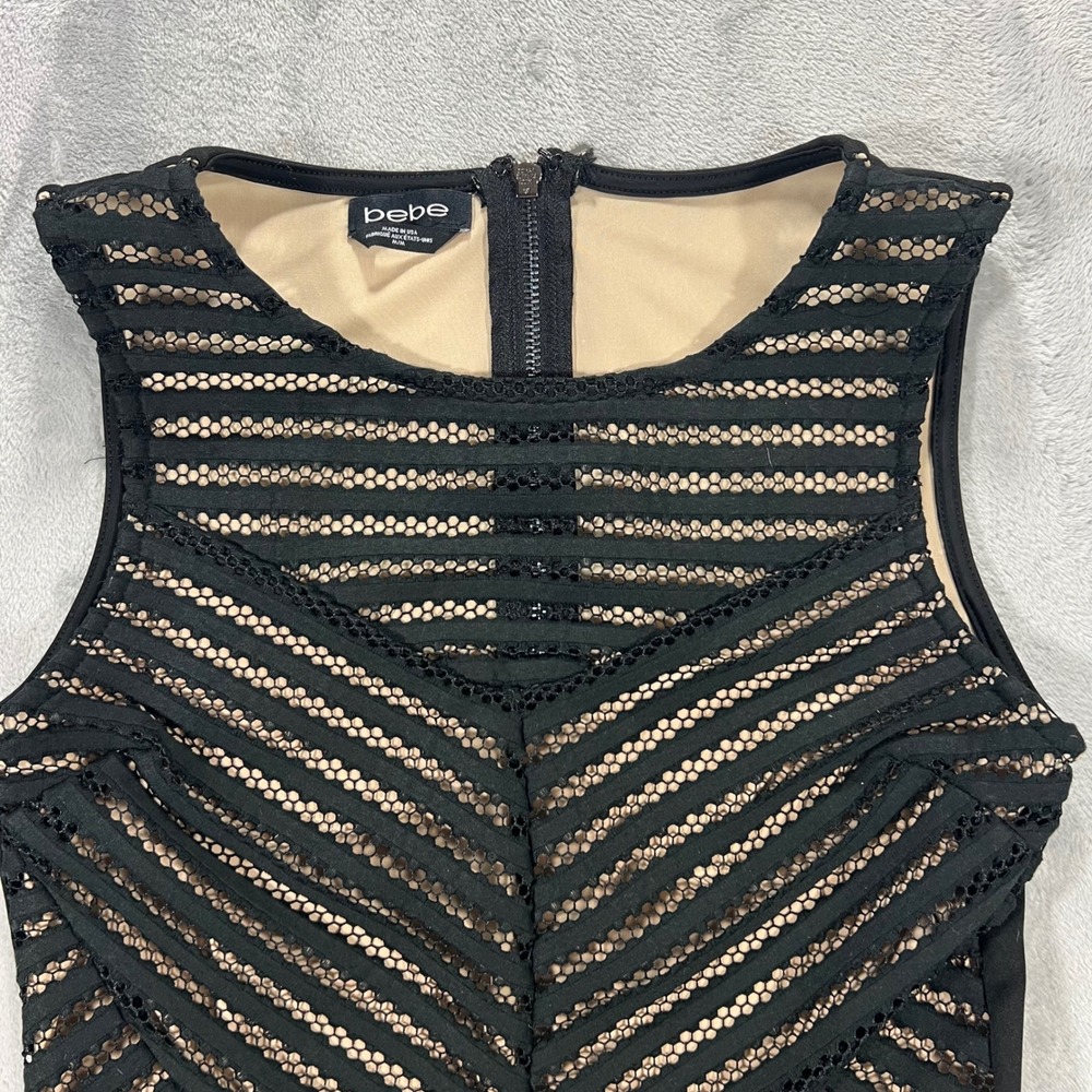 BEBE Peplum Top Womens Medium Black Lace Striped Sleeveless Formal Baddie Chic - Picture 3 of 13